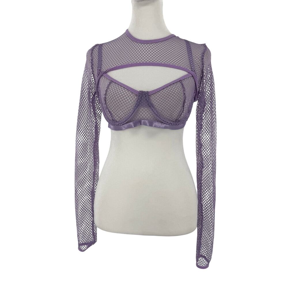 AVIDLOVE Lavender Fishnet Crop Top Bra 2 Piece Set Womens S Long Sleeve NWT